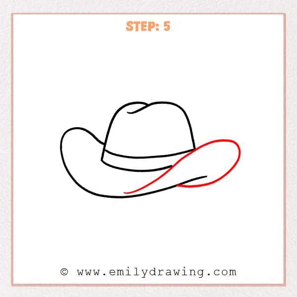 how to draw a cartoon cowboy hat - A big curled oval is added on the right side of the cartoon cowboy hat brim, with an inner brim line connecting into the curl for depth.